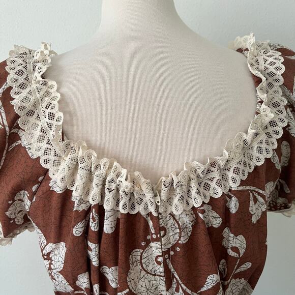 Vintage 70s Prairie Maxi Dress Peasant Gunne Sax Style Boho Brown // Size Medium - Picture 4 of 9